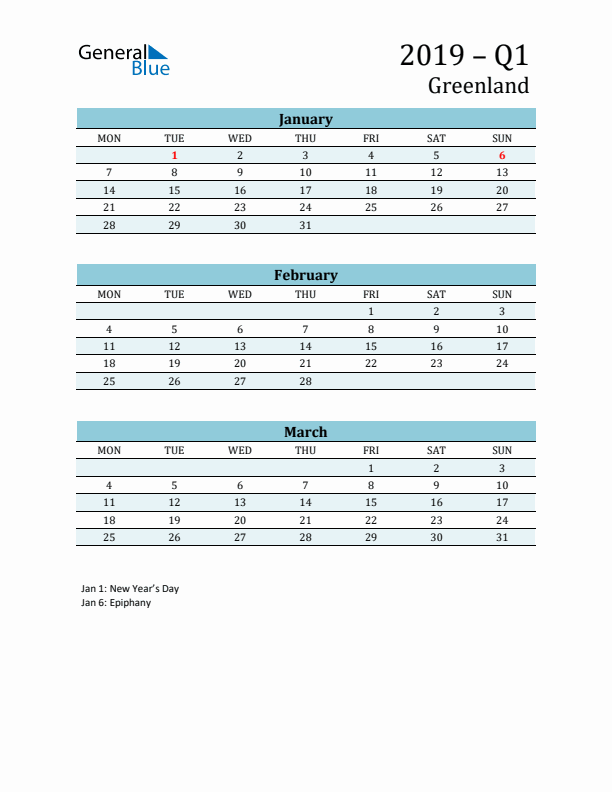 Three-Month Planner for Q1 2019 with Holidays - Greenland