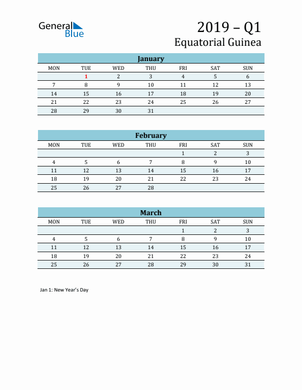 Three-Month Planner for Q1 2019 with Holidays - Equatorial Guinea