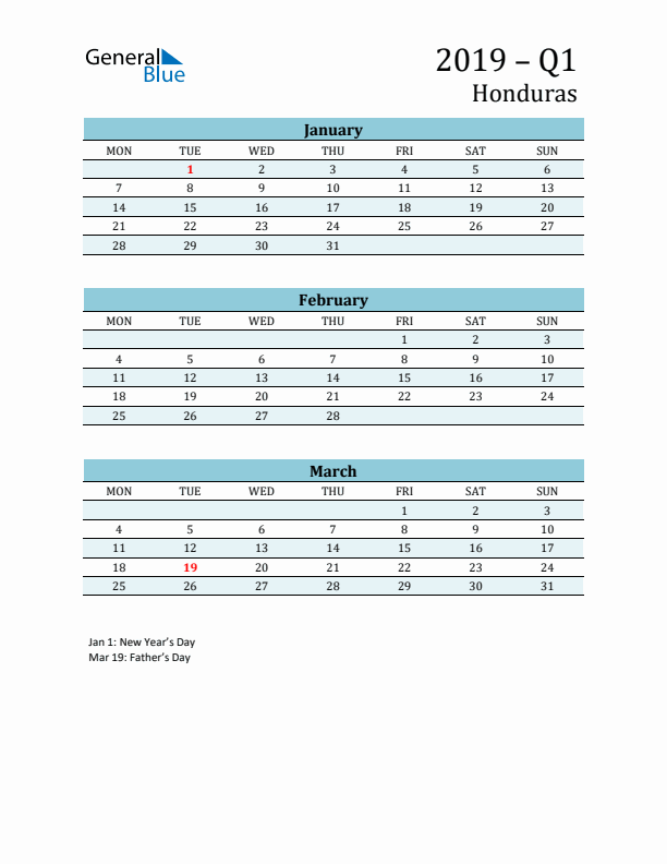 Three-Month Planner for Q1 2019 with Holidays - Honduras