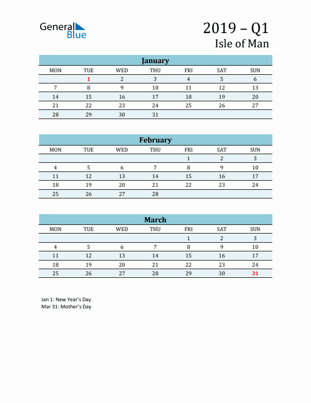 Three-Month Planner for Q1 2019 with Holidays - Isle of Man