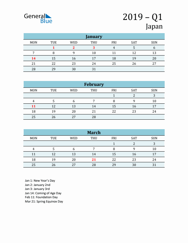 Three-Month Planner for Q1 2019 with Holidays - Japan