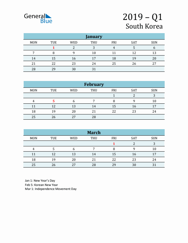 Three-Month Planner for Q1 2019 with Holidays - South Korea