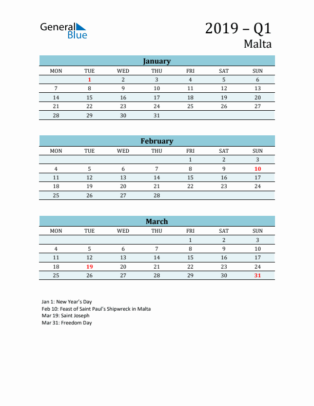 Three-Month Planner for Q1 2019 with Holidays - Malta