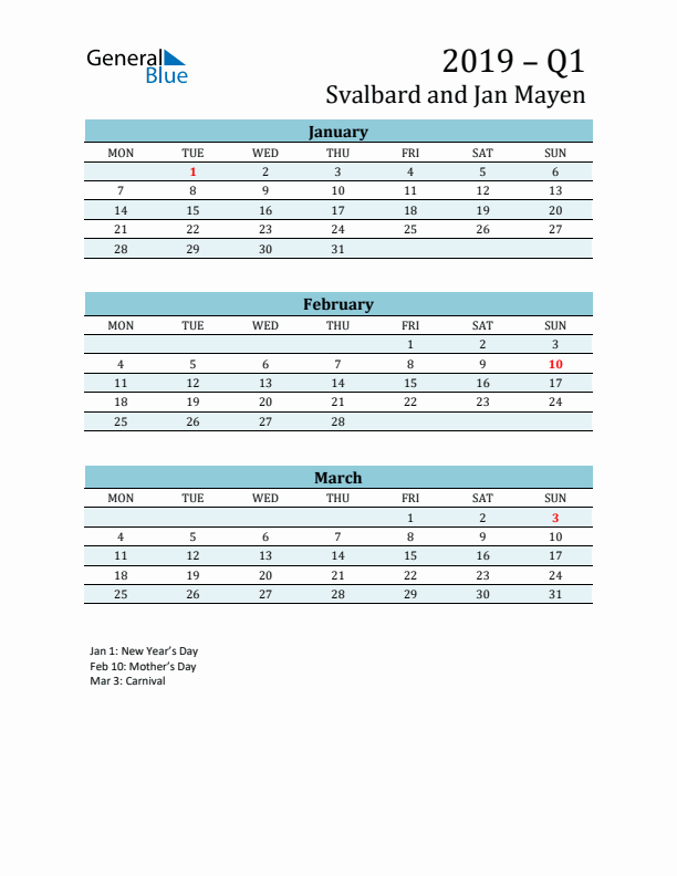 Three-Month Planner for Q1 2019 with Holidays - Svalbard and Jan Mayen