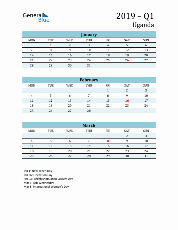 Three-Month Planner for Q1 2019 with Holidays - Uganda