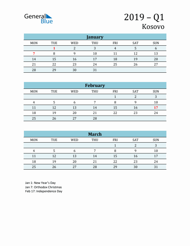 Three-Month Planner for Q1 2019 with Holidays - Kosovo