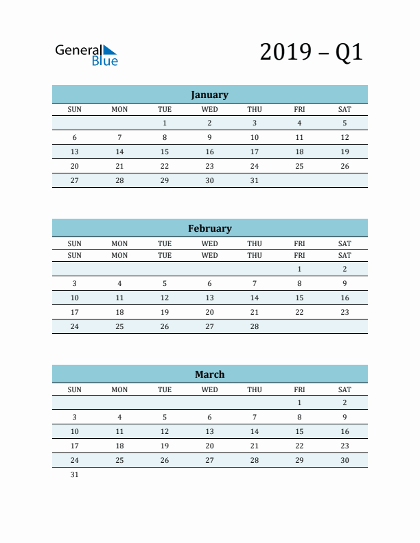 January, February, and March 2019 Calendar