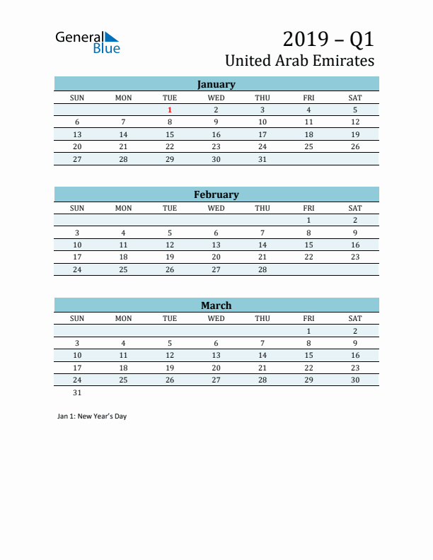 Three-Month Planner for Q1 2019 with Holidays - United Arab Emirates