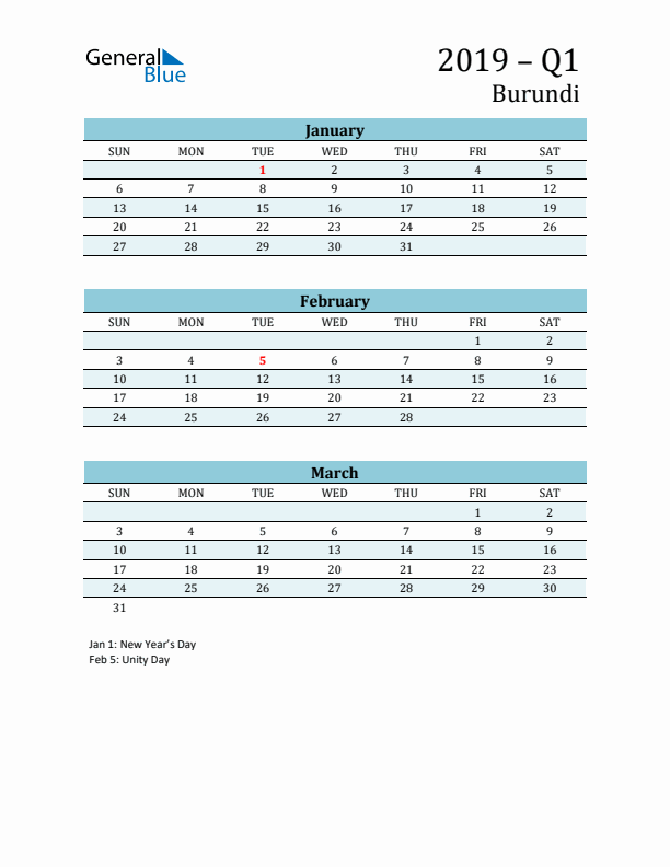 Three-Month Planner for Q1 2019 with Holidays - Burundi