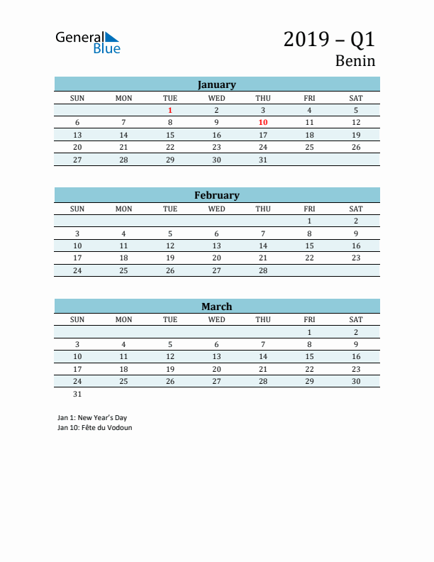 Three-Month Planner for Q1 2019 with Holidays - Benin