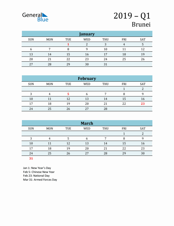 Three-Month Planner for Q1 2019 with Holidays - Brunei