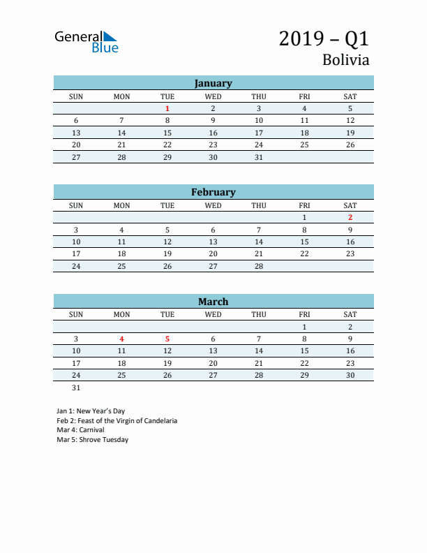 Three-Month Planner for Q1 2019 with Holidays - Bolivia