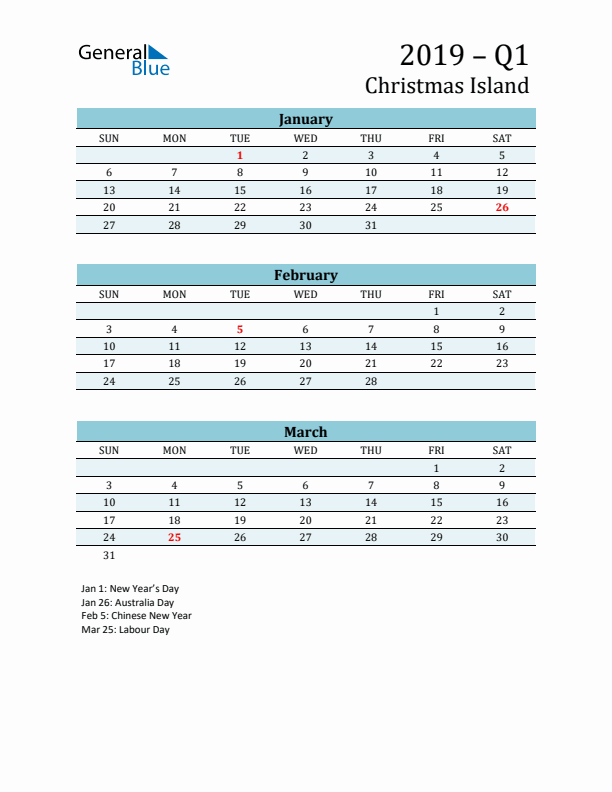 Three-Month Planner for Q1 2019 with Holidays - Christmas Island