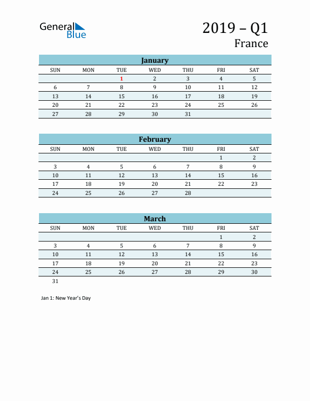 Three-Month Planner for Q1 2019 with Holidays - France