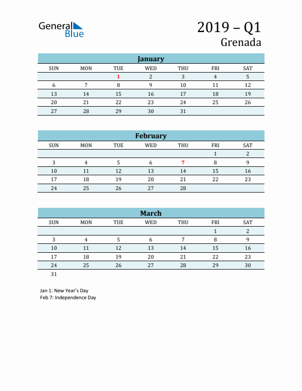 Three-Month Planner for Q1 2019 with Holidays - Grenada