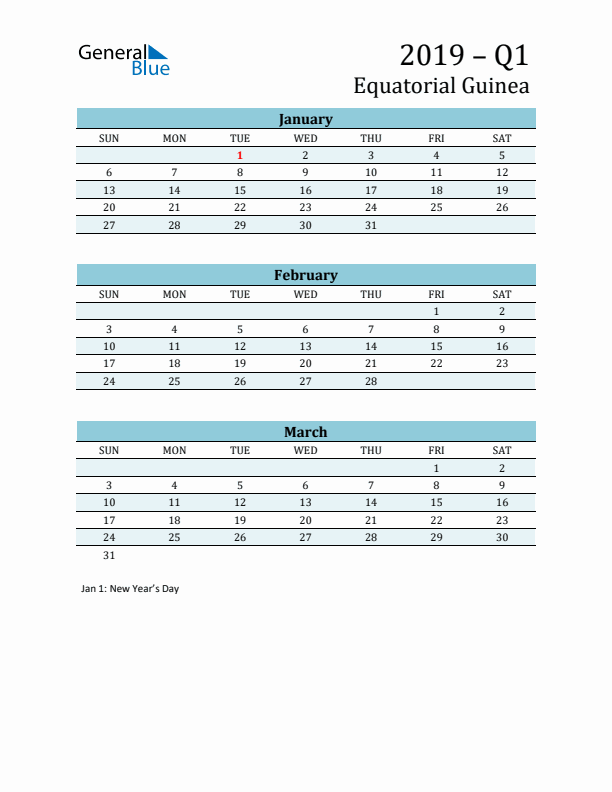 Three-Month Planner for Q1 2019 with Holidays - Equatorial Guinea