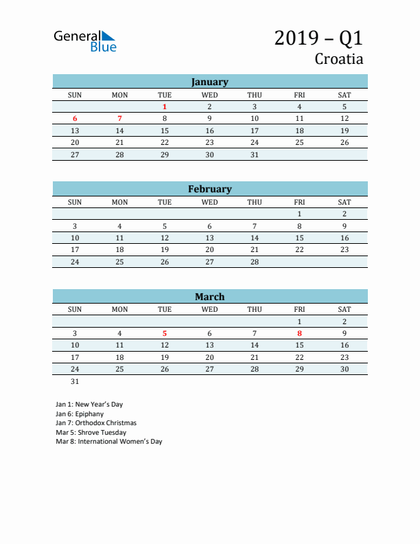 Three-Month Planner for Q1 2019 with Holidays - Croatia