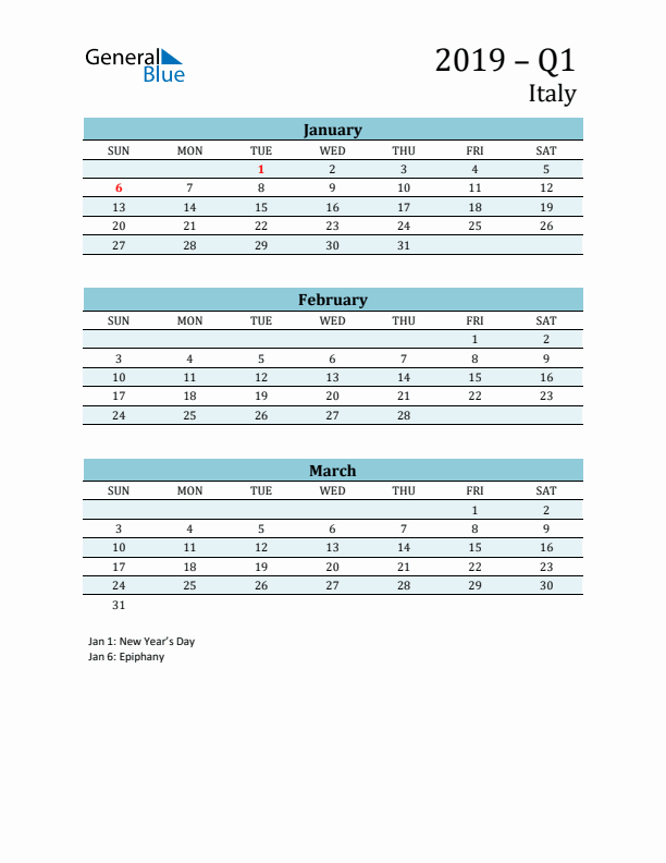 Three-Month Planner for Q1 2019 with Holidays - Italy