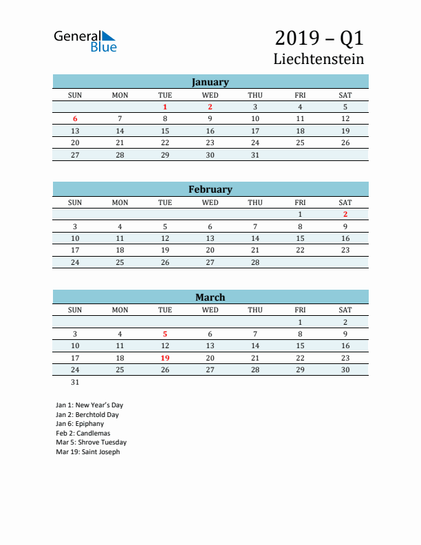 Three-Month Planner for Q1 2019 with Holidays - Liechtenstein