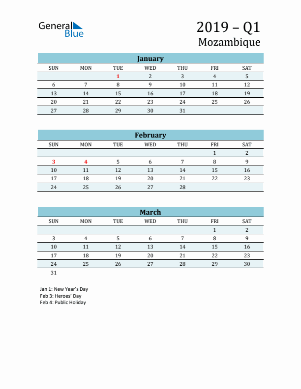 Three-Month Planner for Q1 2019 with Holidays - Mozambique