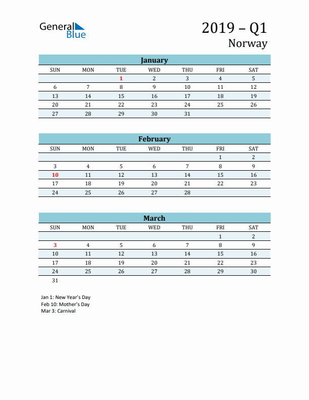 Three-Month Planner for Q1 2019 with Holidays - Norway