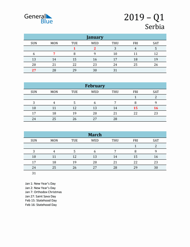 Three-Month Planner for Q1 2019 with Holidays - Serbia