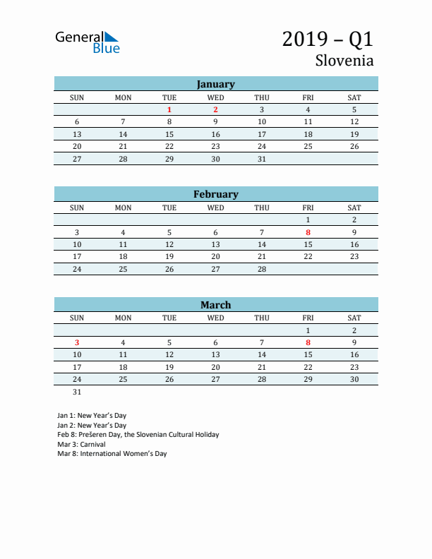 Three-Month Planner for Q1 2019 with Holidays - Slovenia