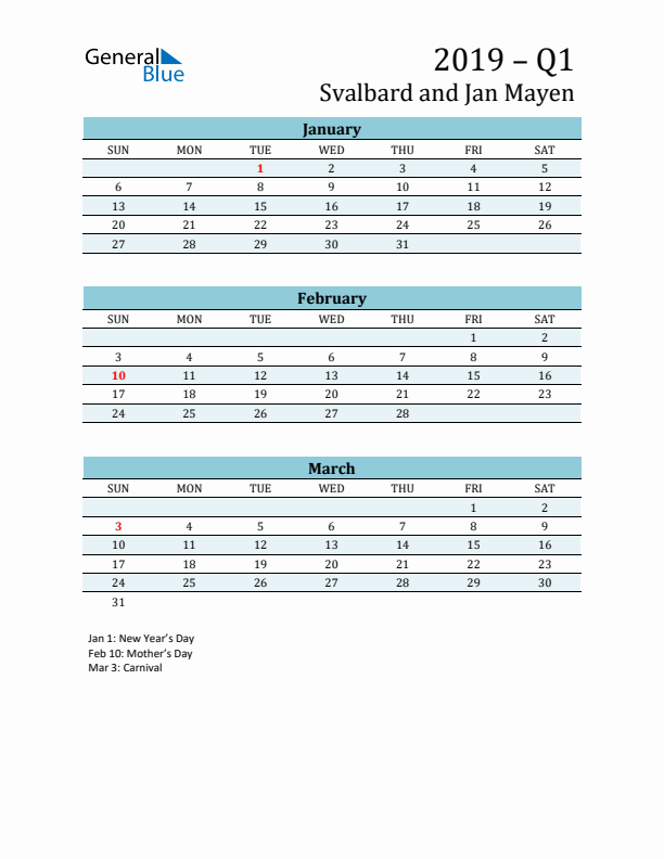 Three-Month Planner for Q1 2019 with Holidays - Svalbard and Jan Mayen