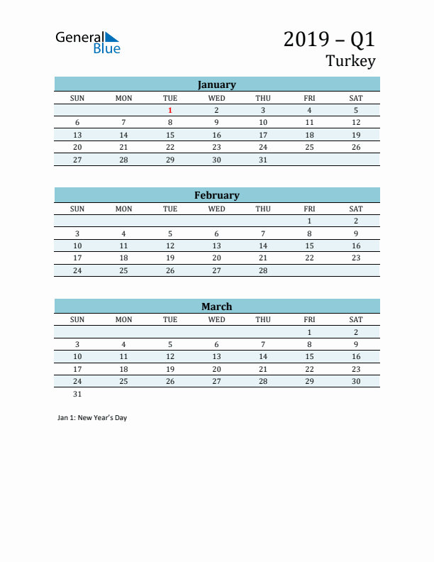 Three-Month Planner for Q1 2019 with Holidays - Turkey