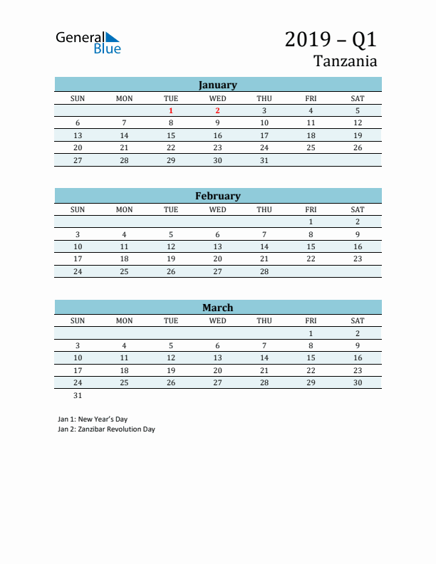 Three-Month Planner for Q1 2019 with Holidays - Tanzania