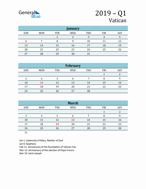 Three-Month Planner for Q1 2019 with Holidays - Vatican