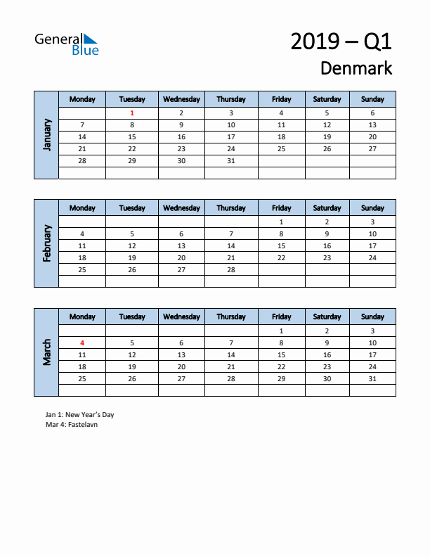 Free Q1 2019 Calendar for Denmark - Monday Start