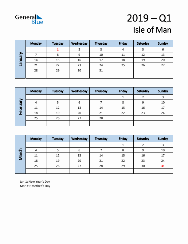 Free Q1 2019 Calendar for Isle of Man - Monday Start