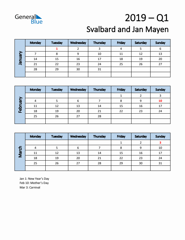 Free Q1 2019 Calendar for Svalbard and Jan Mayen - Monday Start