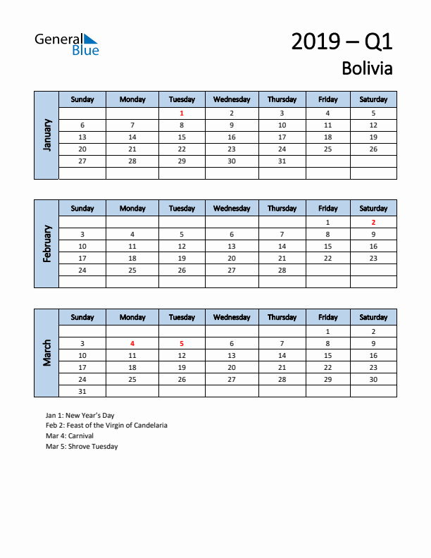 Free Q1 2019 Calendar for Bolivia - Sunday Start