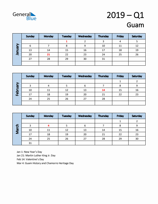 Free Q1 2019 Calendar for Guam - Sunday Start