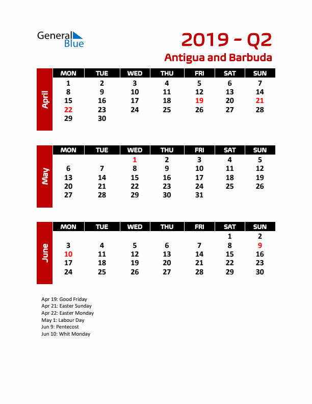 Q2 2019 Calendar with Holidays in Antigua and Barbuda