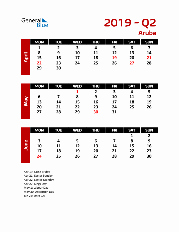 Q2 2019 Calendar with Holidays in Aruba