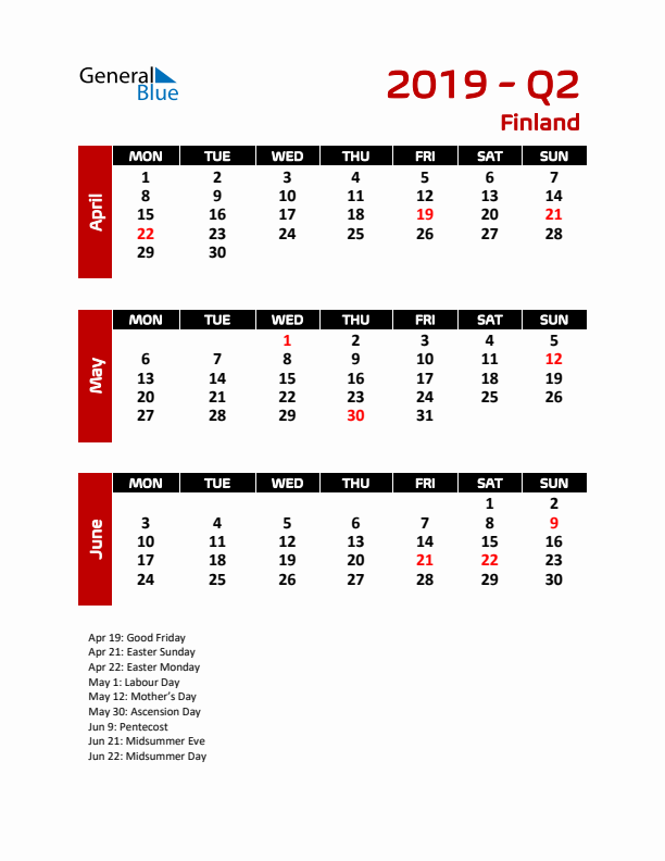 Q2 2019 Calendar with Holidays in Finland