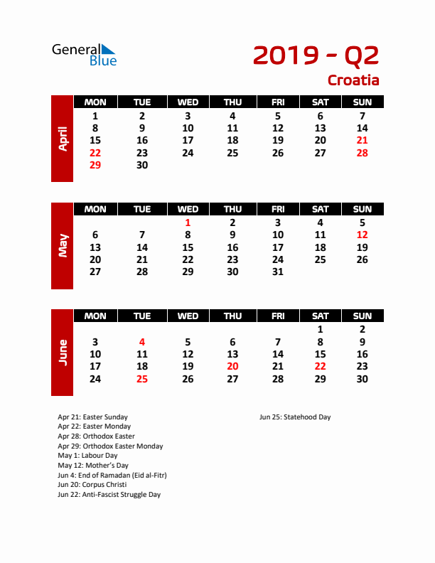 Q2 2019 Calendar with Holidays in Croatia