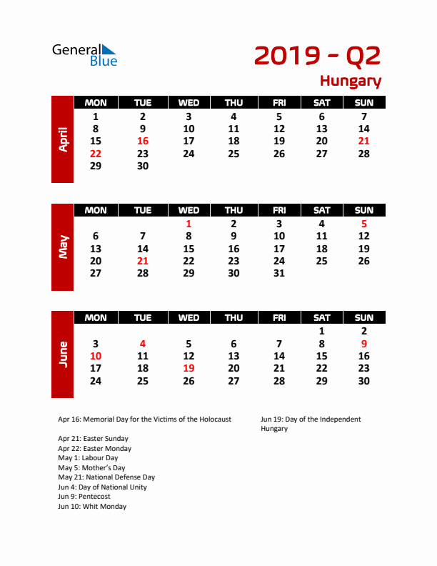 Q2 2019 Calendar with Holidays in Hungary