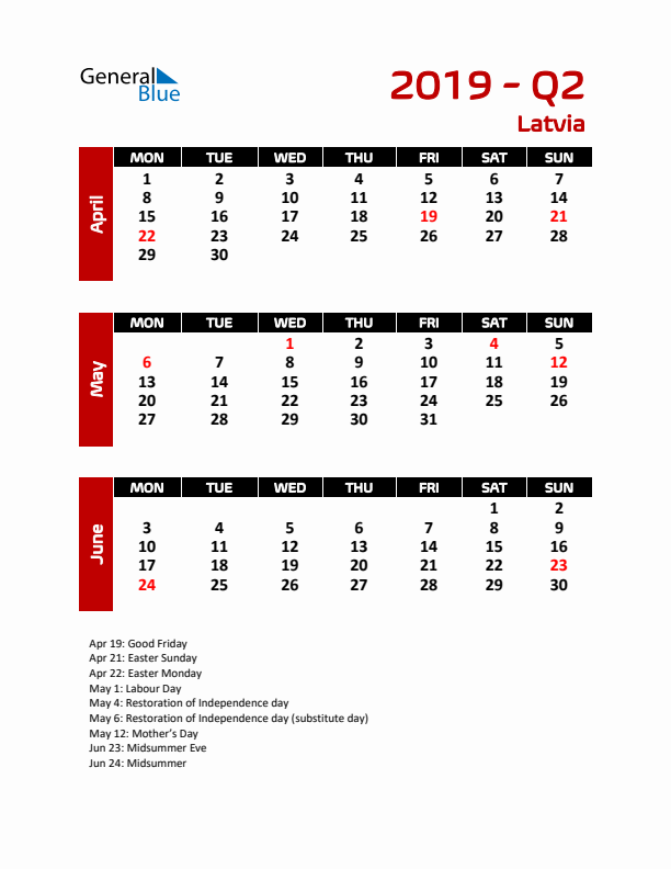 Q2 2019 Calendar with Holidays in Latvia