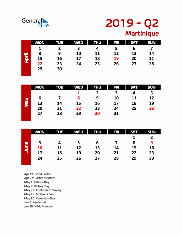 Q2 2019 Calendar with Holidays in Martinique