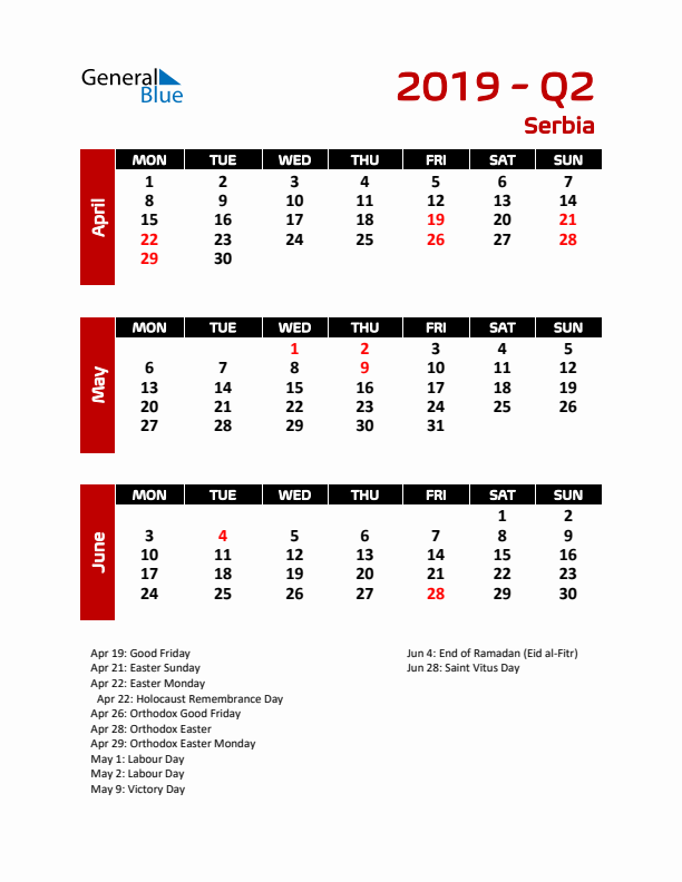 Q2 2019 Calendar with Holidays in Serbia