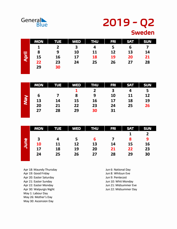 Q2 2019 Calendar with Holidays in Sweden