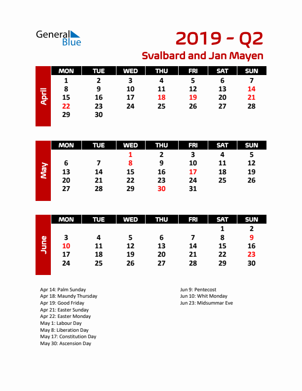 Q2 2019 Calendar with Holidays in Svalbard and Jan Mayen