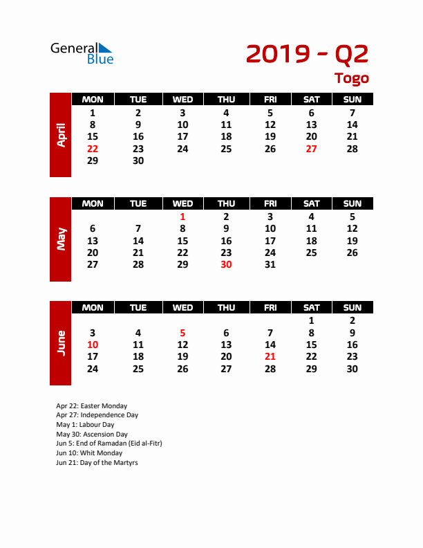 Q2 2019 Calendar with Holidays in Togo