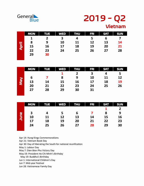 Q2 2019 Calendar with Holidays in Vietnam