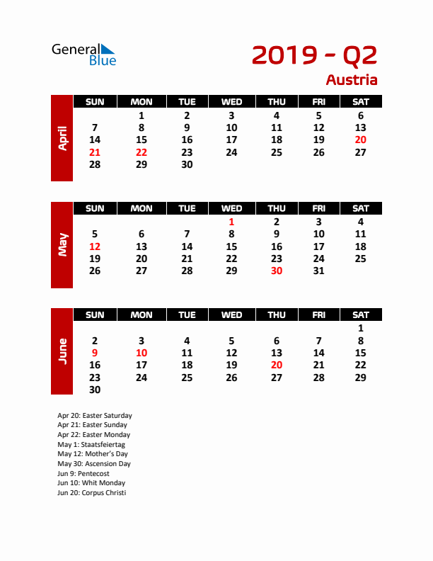 Q2 2019 Calendar with Holidays in Austria