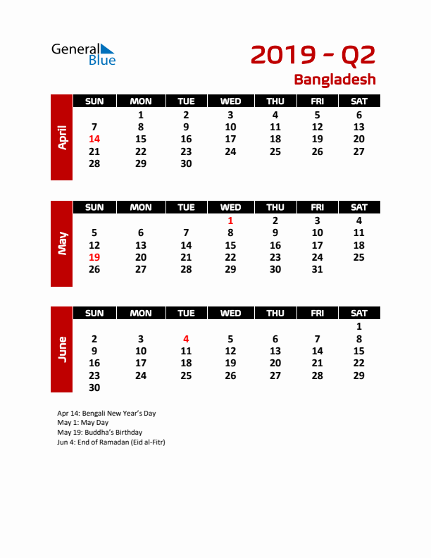 Q2 2019 Calendar with Holidays in Bangladesh